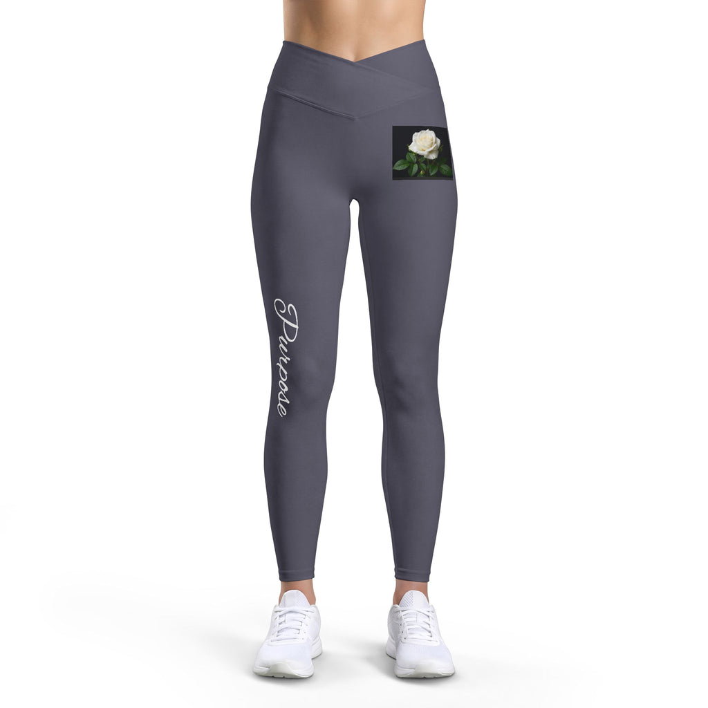 Leggings — Black 'Prayer' Script with White Rose High-Waist Yoga Leggings
