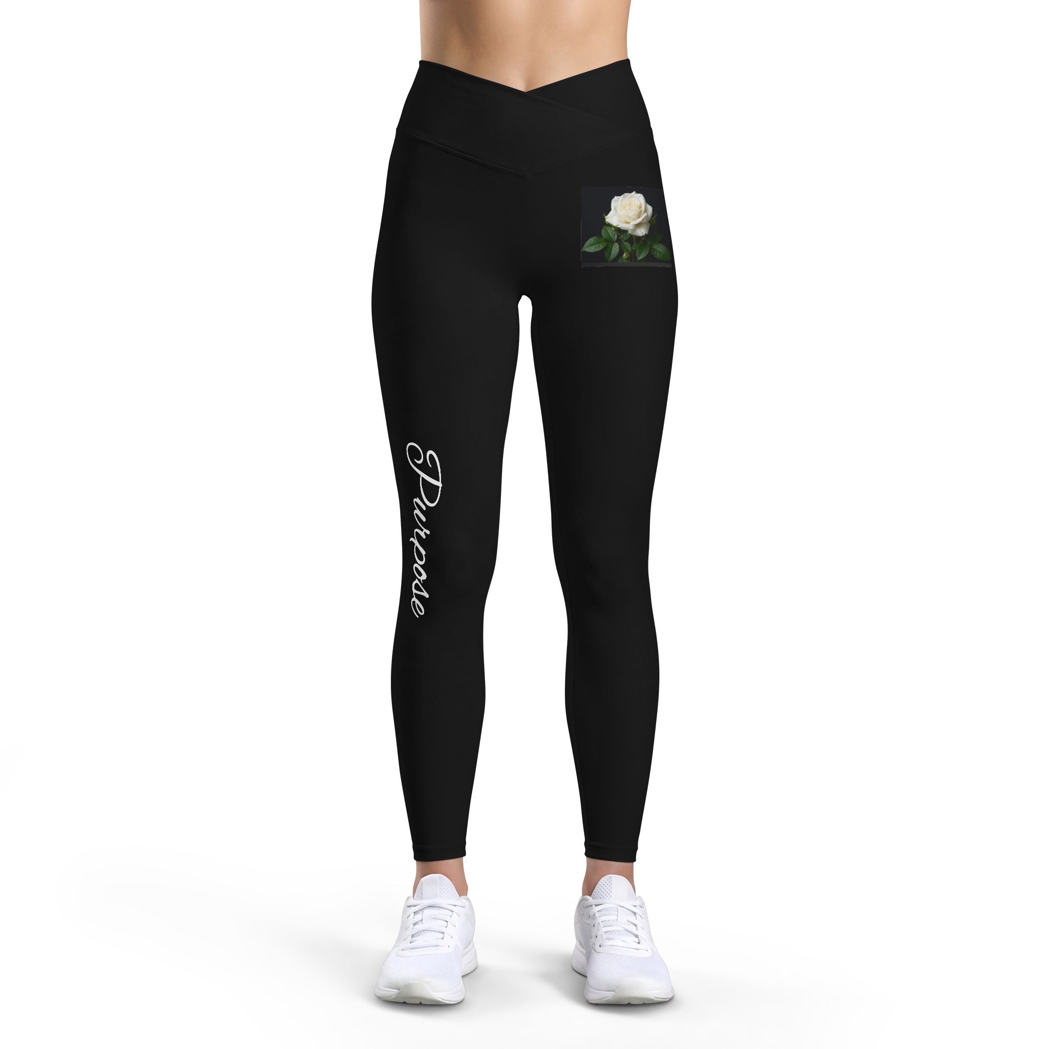Leggings — Black 'Prayer' Script with White Rose High-Waist Yoga Leggings
