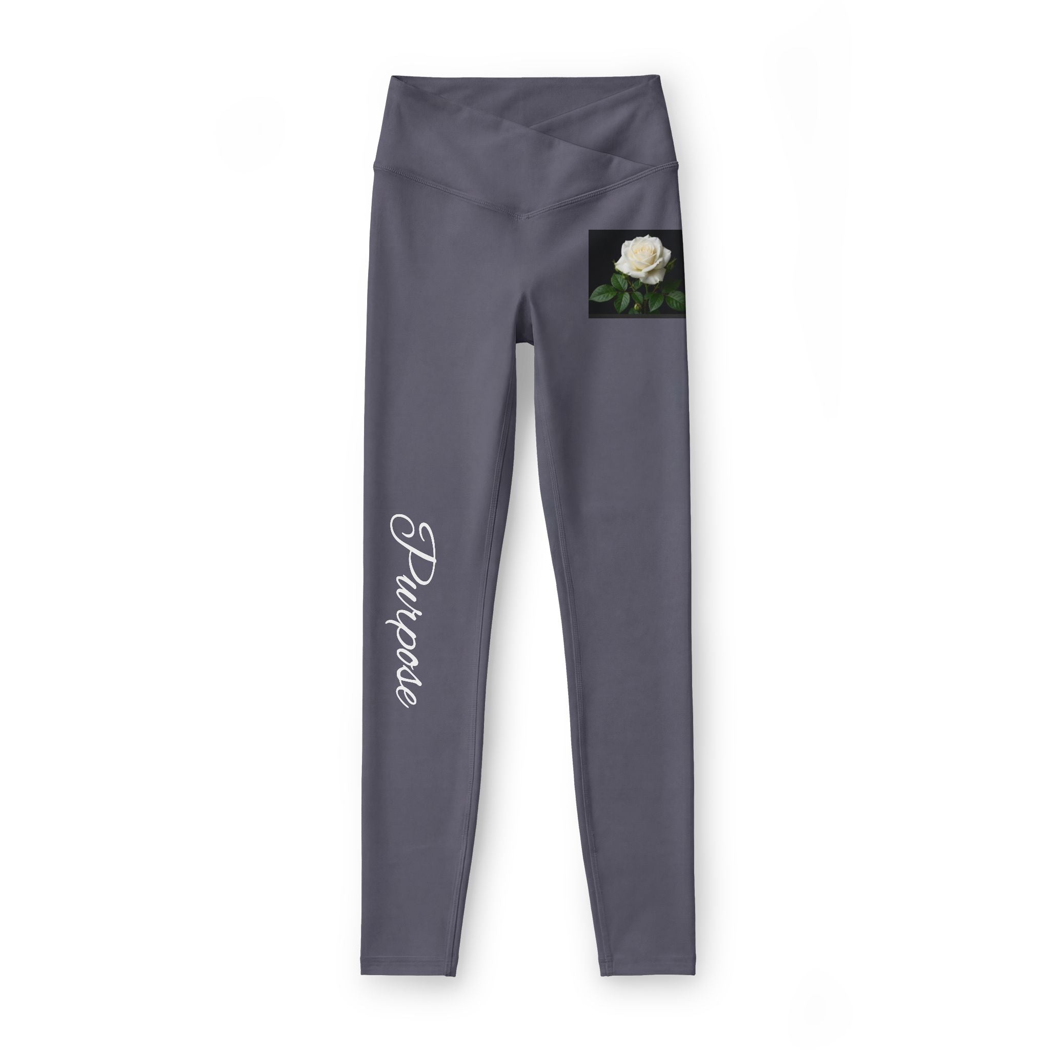 Leggings — Black 'Prayer' Script with White Rose High-Waist Yoga Leggings