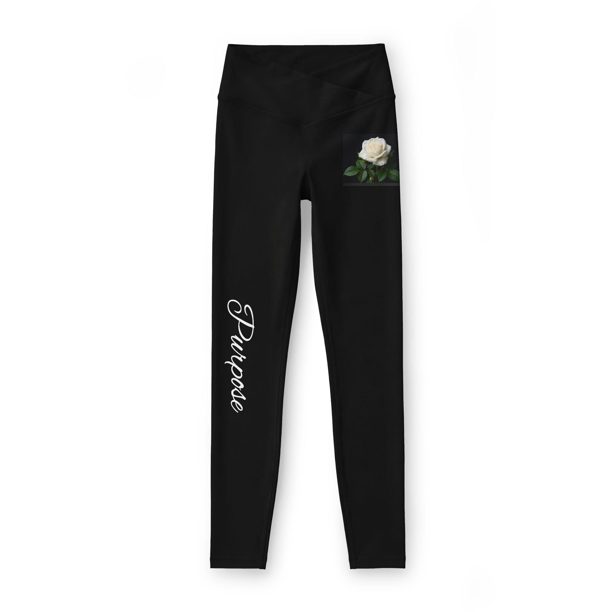 Leggings — Black 'Prayer' Script with White Rose High-Waist Yoga Leggings